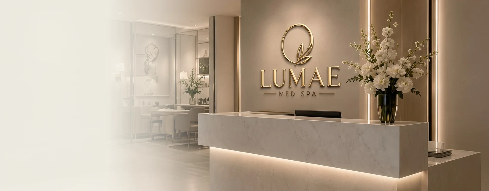 Lumae Med Spa reception — marble desk, gold accents and the Lumae logo